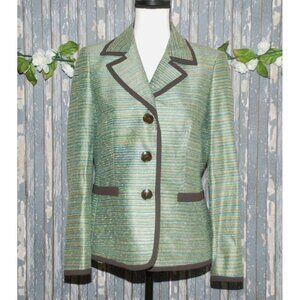 Kasper Ladies Green Striped Jacket Size 8 LS Lined Collared Button Up Striped